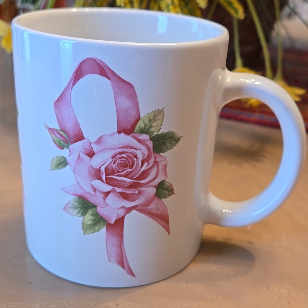 Vintage Avon Breast Cancer Awareness Ceramic Mug – Pink Rose Ribbon Design